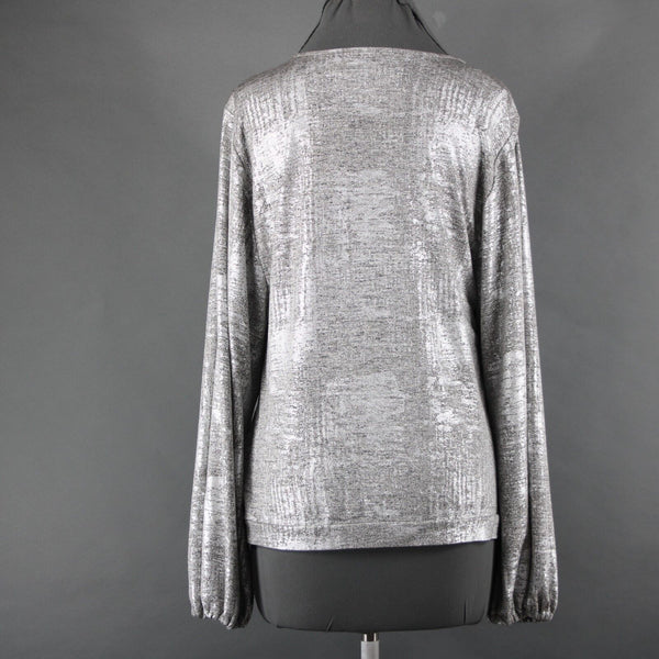 Anthropologie NEW $78 Sz L Silver Tan Metallic V Neck Polester Elastane Top