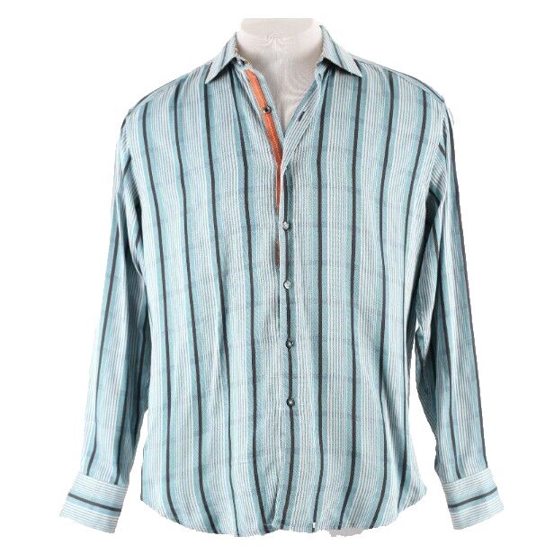 Robert Graham Sz L Aqua Multi Stripe Button Up 100% Cotton Silk Trim Shirt