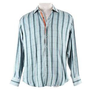 Robert Graham Sz L Aqua Multi Stripe Button Up 100% Cotton Silk Trim Shirt