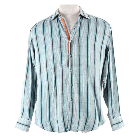 Robert Graham Sz L Aqua Multi Stripe Button Up 100% Cotton Silk Trim Shirt