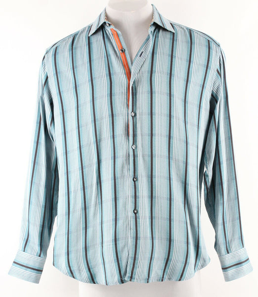 Robert Graham Sz L Aqua Multi Stripe Button Up 100% Cotton Silk Trim Shirt