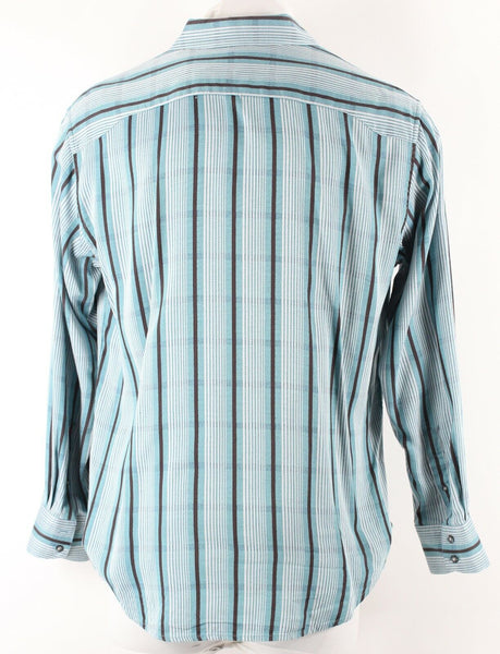 Robert Graham Sz L Aqua Multi Stripe Button Up 100% Cotton Silk Trim Shirt