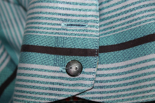 Robert Graham Sz L Aqua Multi Stripe Button Up 100% Cotton Silk Trim Shirt