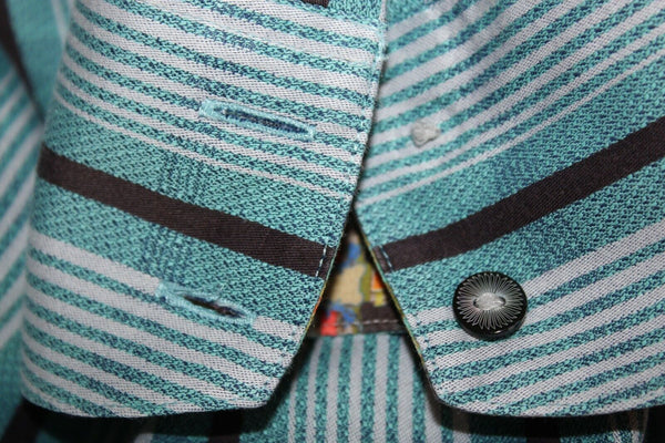 Robert Graham Sz L Aqua Multi Stripe Button Up 100% Cotton Silk Trim Shirt