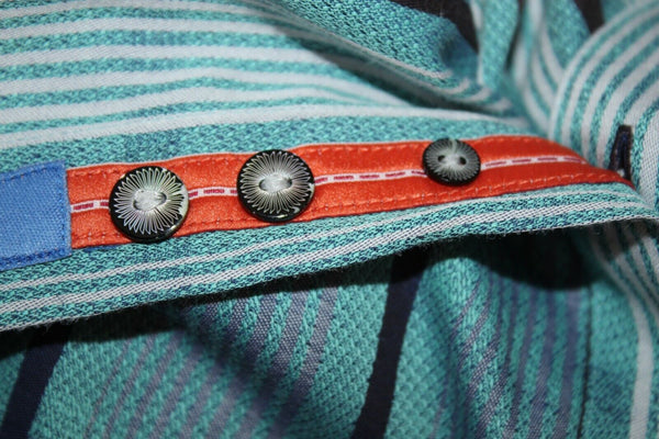 Robert Graham Sz L Aqua Multi Stripe Button Up 100% Cotton Silk Trim Shirt