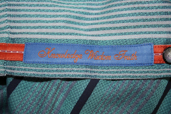 Robert Graham Sz L Aqua Multi Stripe Button Up 100% Cotton Silk Trim Shirt