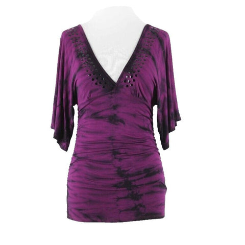 Umgee Sz S Purple Black Tie Dye Applique Studs V Neck Rayon Blend Top