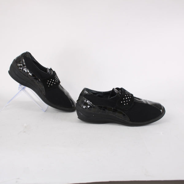 Helle Comfort Shoes Sz 36 Black Croc Embossed Rhinestones Patent Leather Fabric