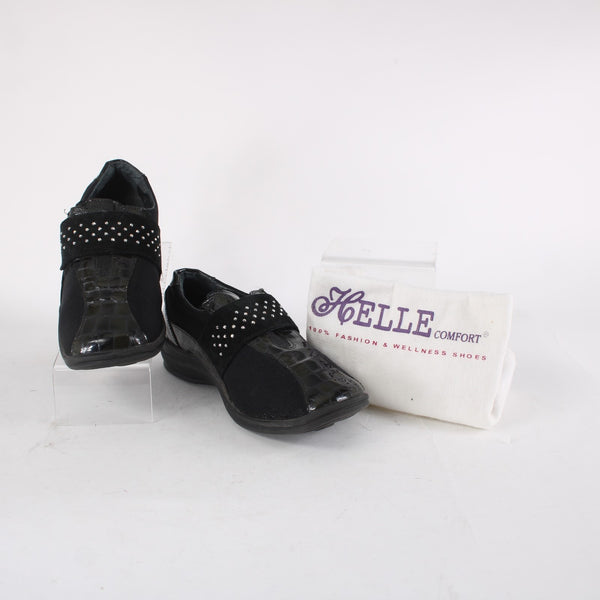 Helle Comfort Shoes Sz 36 Black Croc Embossed Rhinestones Patent Leather Fabric