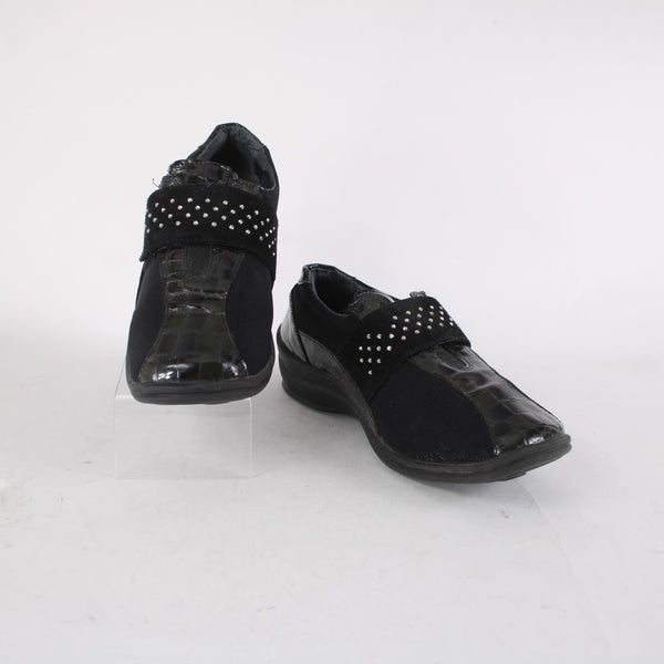Helle Comfort Shoes Sz 36 Black Croc Embossed Rhinestones Patent Leather Fabric