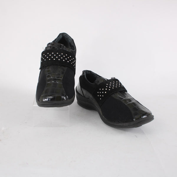 Helle Comfort Shoes Sz 36 Black Croc Embossed Rhinestones Patent Leather Fabric
