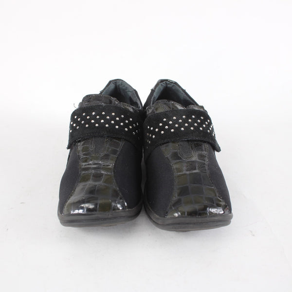 Helle Comfort Shoes Sz 36 Black Croc Embossed Rhinestones Patent Leather Fabric