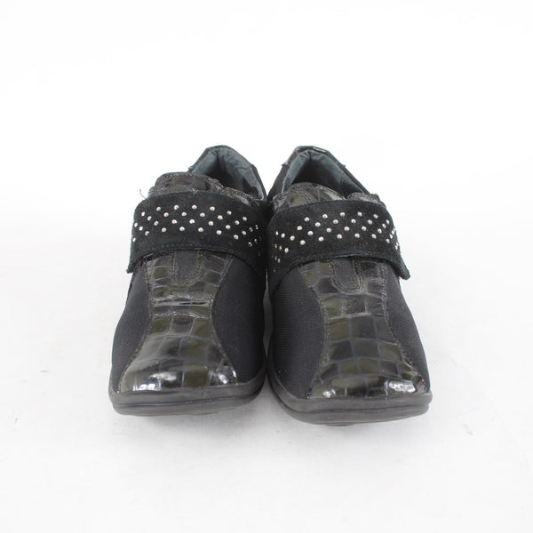 Helle Comfort Shoes Sz 36 Black Croc Embossed Rhinestones Patent Leather Fabric