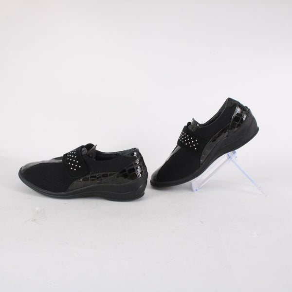 Helle Comfort Shoes Sz 36 Black Croc Embossed Rhinestones Patent Leather Fabric