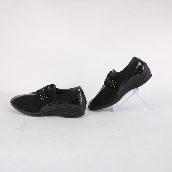 Helle Comfort Shoes Sz 36 Black Croc Embossed Rhinestones Patent Leather Fabric