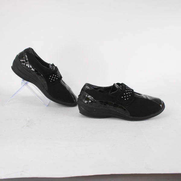 Helle Comfort Shoes Sz 36 Black Croc Embossed Rhinestones Patent Leather Fabric
