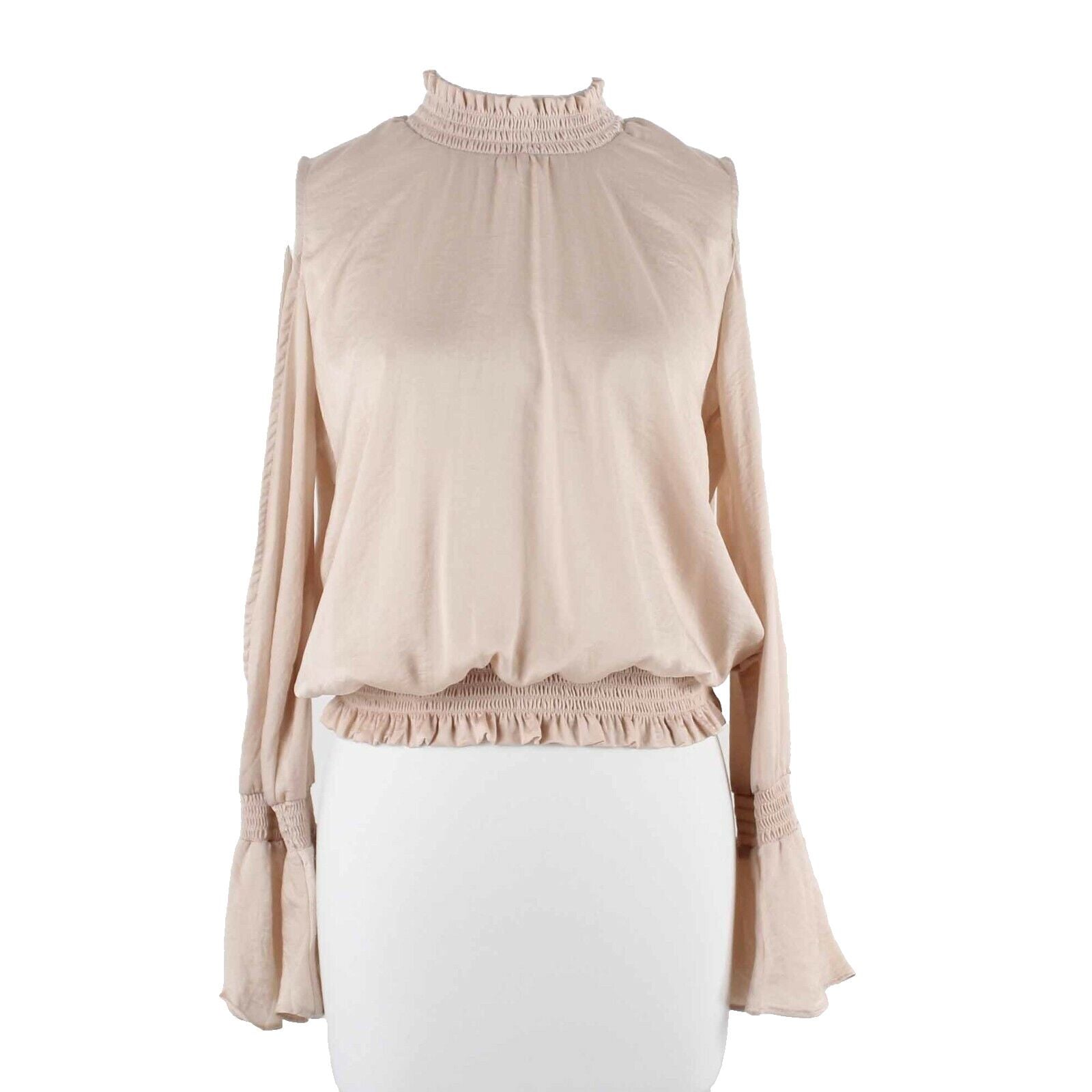 Bar III Sz XS Tan Pink Cold Shoulder Ruffle Elastic Polyester Blend Top