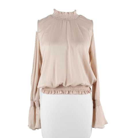 Bar III Sz XS Tan Pink Cold Shoulder Ruffle Elastic Polyester Blend Top