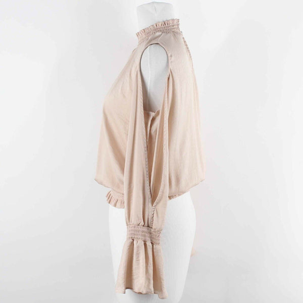 Bar III Sz XS Tan Pink Cold Shoulder Ruffle Elastic Polyester Blend Top