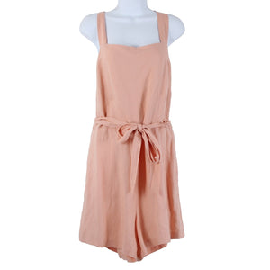 HM NEW $35 Sz L Peach Pink Belted Pockets Square Neck Linen Viscose Romper