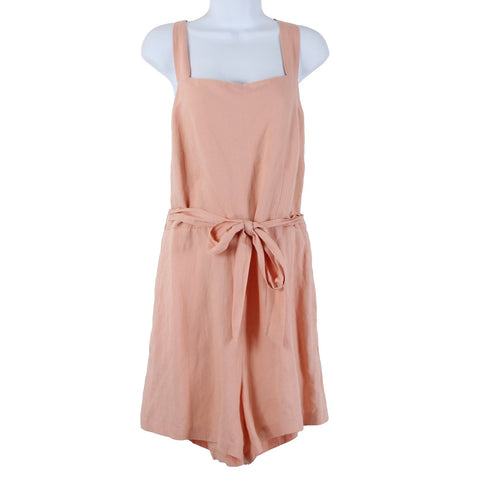 HM NEW $35 Sz L Peach Pink Belted Pockets Square Neck Linen Viscose Romper