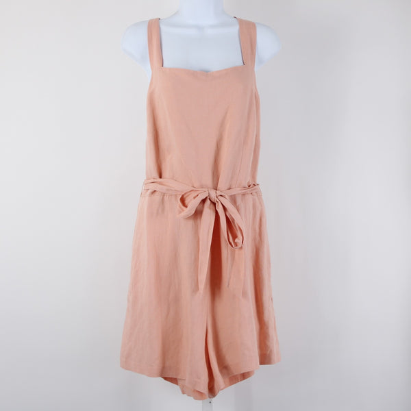 HM NEW $35 Sz L Peach Pink Belted Pockets Square Neck Linen Viscose Romper