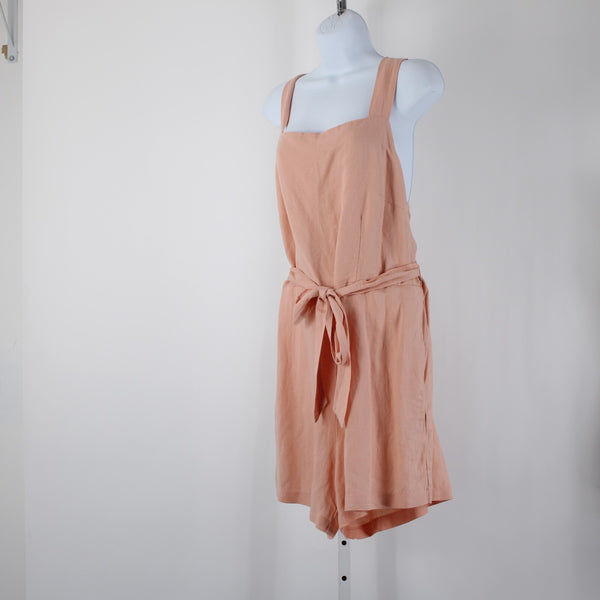 HM NEW $35 Sz L Peach Pink Belted Pockets Square Neck Linen Viscose Romper