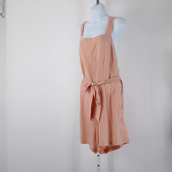 HM NEW $35 Sz L Peach Pink Belted Pockets Square Neck Linen Viscose Romper