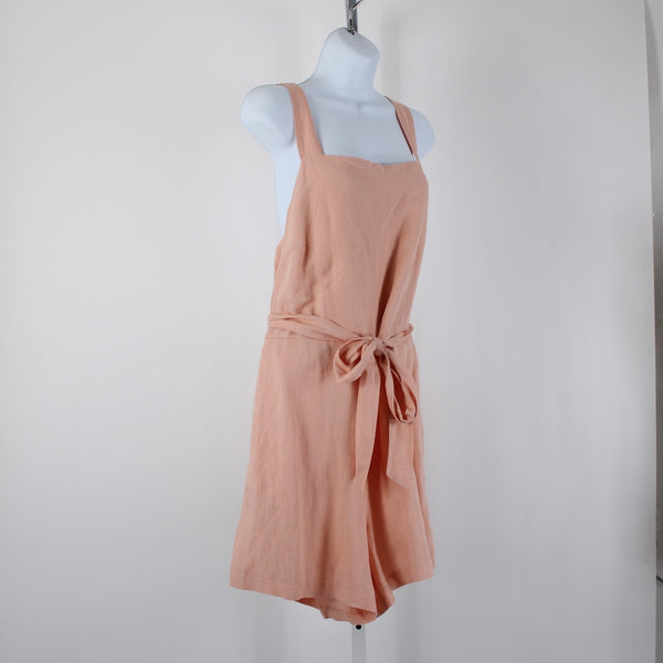 HM NEW $35 Sz L Peach Pink Belted Pockets Square Neck Linen Viscose Romper