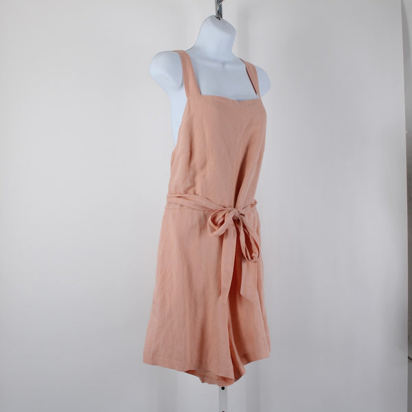 HM NEW $35 Sz L Peach Pink Belted Pockets Square Neck Linen Viscose Romper