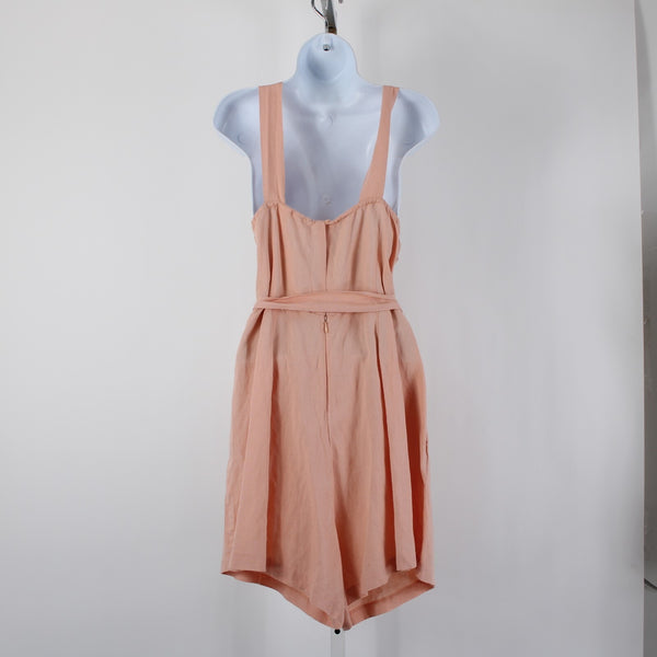 HM NEW $35 Sz L Peach Pink Belted Pockets Square Neck Linen Viscose Romper