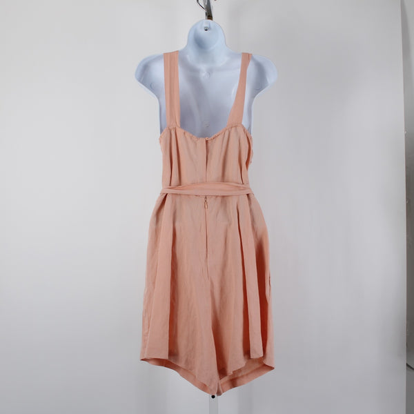 HM NEW $35 Sz L Peach Pink Belted Pockets Square Neck Linen Viscose Romper