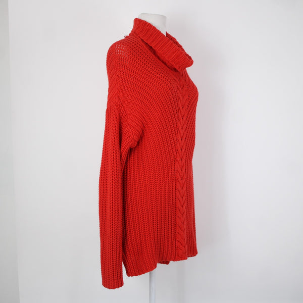 Kensie Sz M Red Open Knit Cowl Neck Long Sleeve Cotton Acrylic Sweater