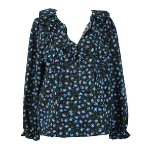 Loft NEW $65 Petite Sz MP Black Blue Multi Color Floral Ruffle Poly Spandex Top