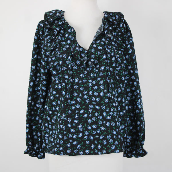 Loft NEW $65 Petite Sz MP Black Blue Multi Color Floral Ruffle Poly Spandex Top