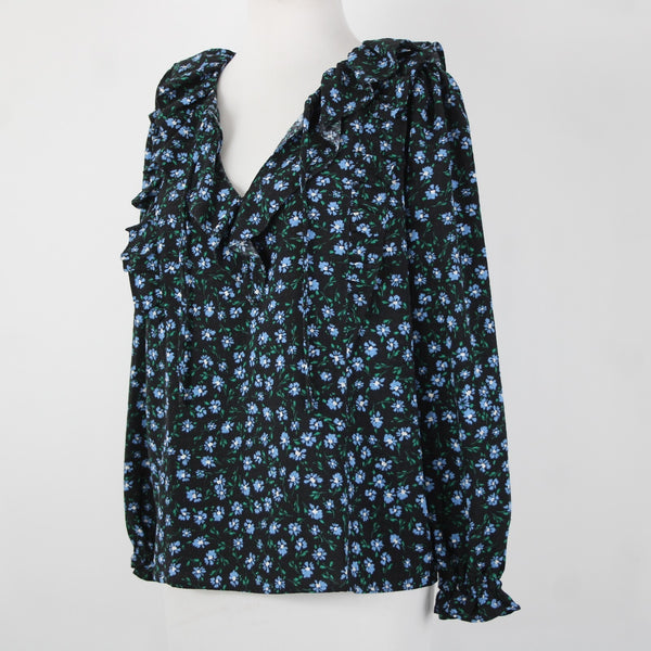 Loft NEW $65 Petite Sz MP Black Blue Multi Color Floral Ruffle Poly Spandex Top