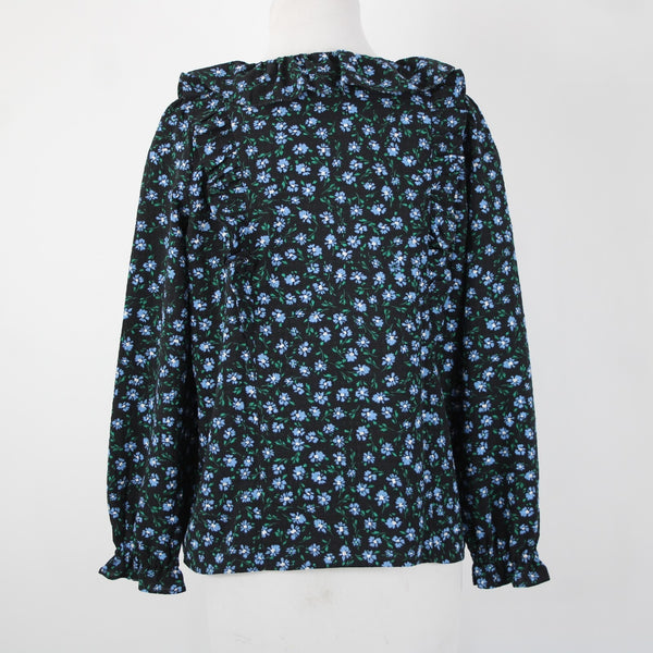 Loft NEW $65 Petite Sz MP Black Blue Multi Color Floral Ruffle Poly Spandex Top