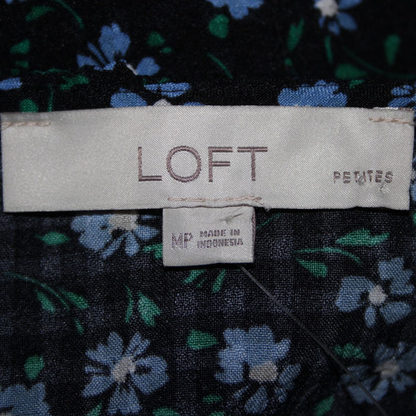Loft NEW $65 Petite Sz MP Black Blue Multi Color Floral Ruffle Poly Spandex Top