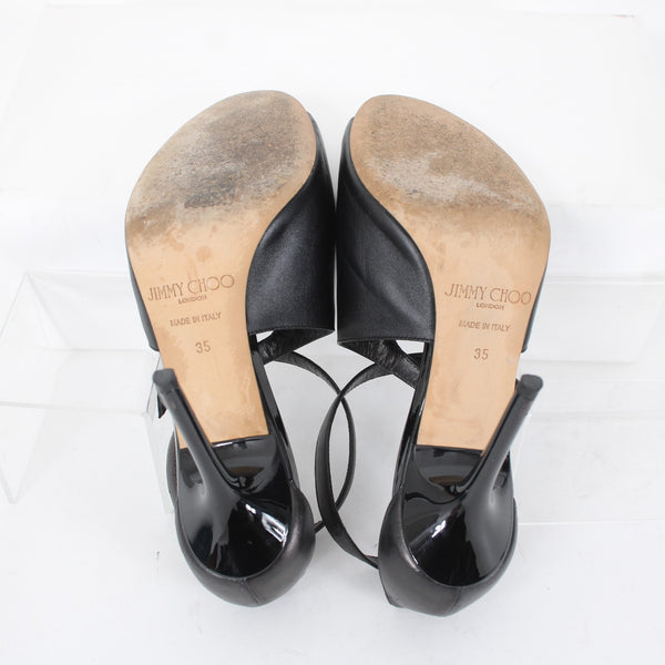 Jimmy Choo Sz 35 Black Leather Ankle Wrap 4" AS IS Heels
