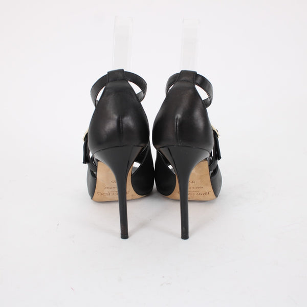 Jimmy Choo Sz 35 Black Leather Ankle Wrap 4" AS IS Heels