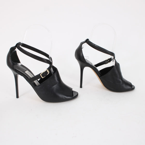 Jimmy Choo Sz 35 Black Leather Ankle Wrap 4" AS IS Heels
