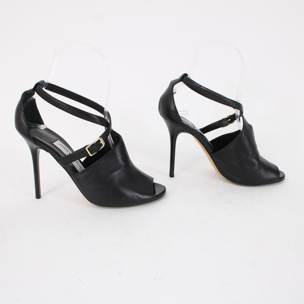 Jimmy Choo Sz 35 Black Leather Ankle Wrap 4" AS IS Heels