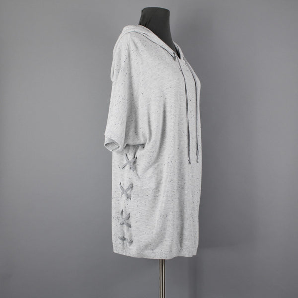 Cabi Sz S Gray Black Speckled Hooded Pull Over Cotton Rayon XX Sides Sweater