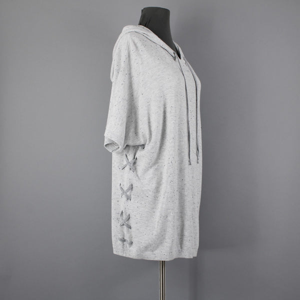 Cabi Sz S Gray Black Speckled Hooded Pull Over Cotton Rayon XX Sides Sweater