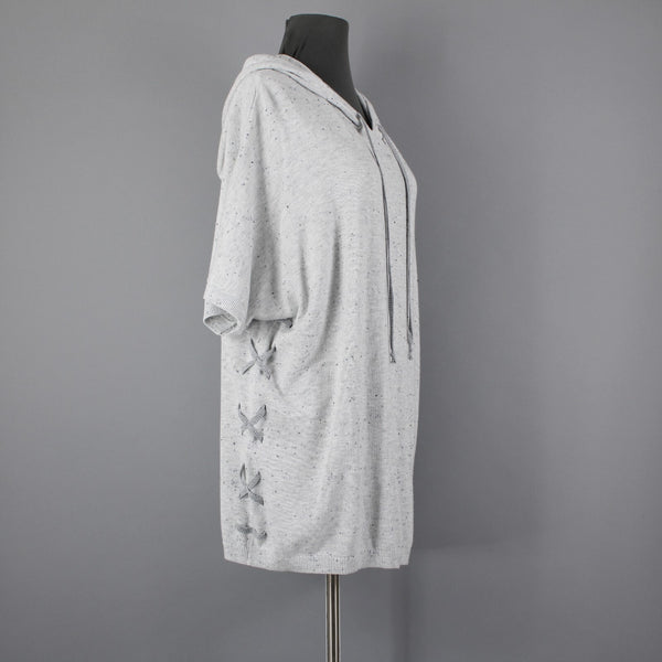 Cabi Sz S Gray Black Speckled Hooded Pull Over Cotton Rayon XX Sides Sweater