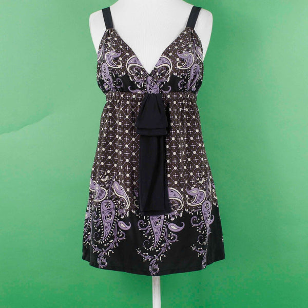 Karen Kane Sz M Black Brown Multi Elastic Empire Bow 100% Silk Woven Camisole