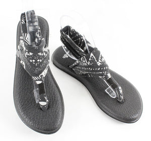 Sanuk Sz 7 Black White Fabric .5" Man Made Heel Sole Comfort Sandal