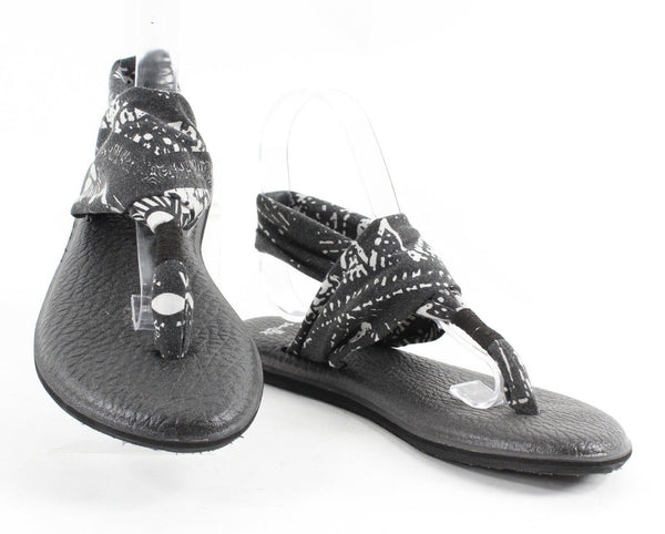 Sanuk Sz 7 Black White Fabric .5" Man Made Heel Sole Comfort Sandal