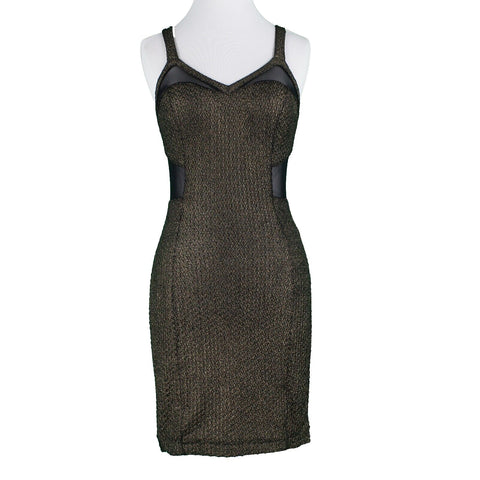 Express Sz 2 Black Gold Textured Shimmer Mesh Inserts Nylon Blend Bodycon Dress