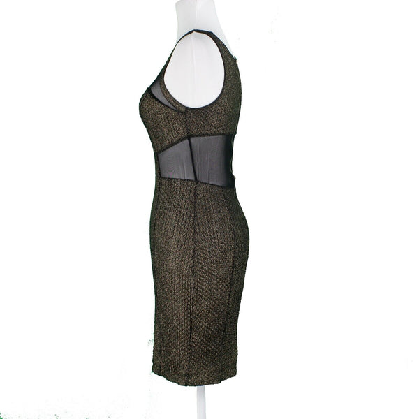 Express Sz 2 Black Gold Textured Shimmer Mesh Inserts Nylon Blend Bodycon Dress